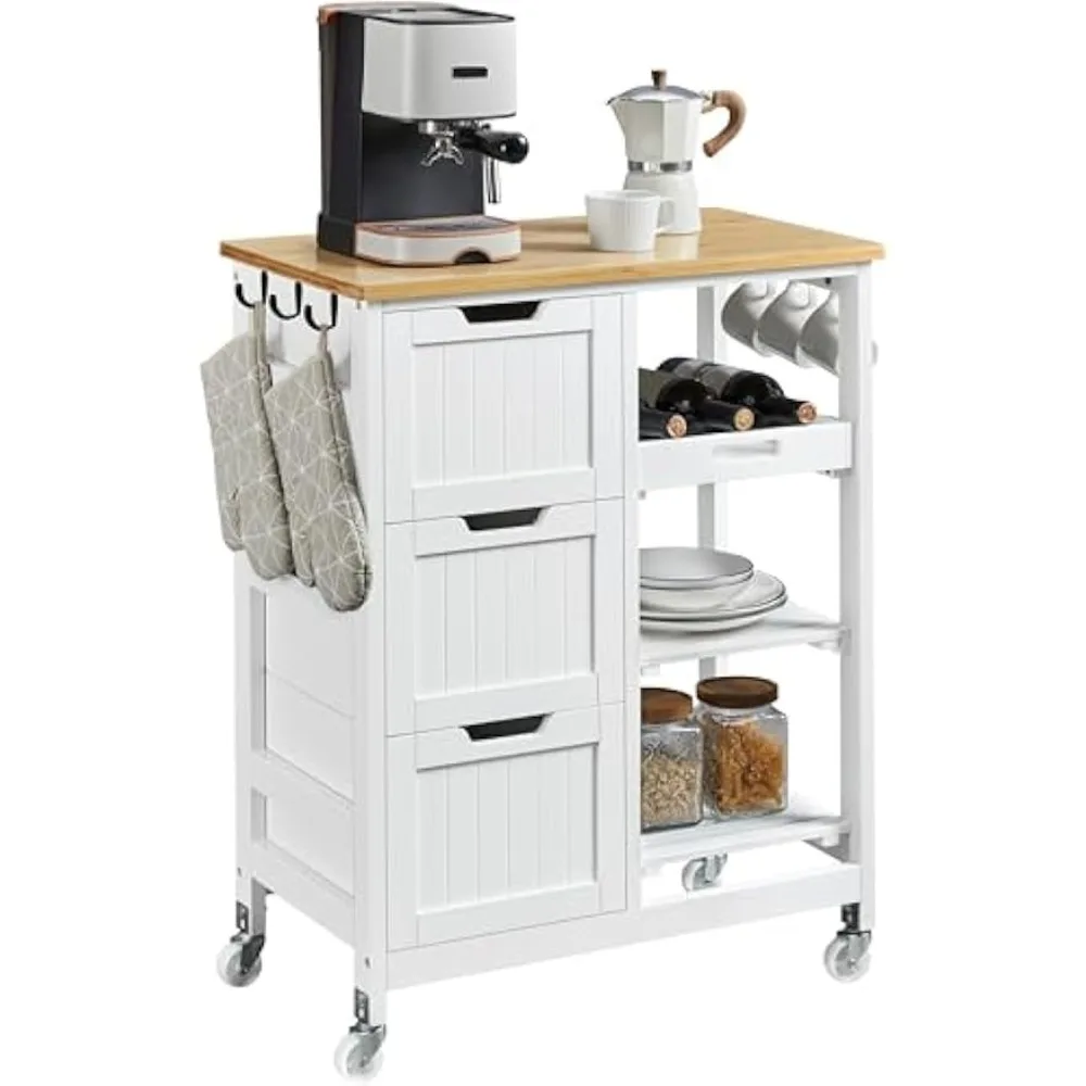 Rolling Kitchen Cart with Drawers and Open Shelves, Kitchen Island Serving Cart with Bamboo Top for Dinning Room, Laundry, Whit
Rolling Kitchen Cart with Drawers and Open Shelves, Kitchen Island Serving Cart with Bamboo Top for Dinning Room, Laundry, Whit