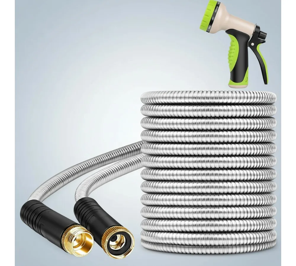 Садовый шланг из нержавеющей стали длиной 50 футов с 10-функциональным соплом, гибкий прочный водяной шланг для использования на открытом воздухе во дворе
Садовый шланг из нержавеющей стали длиной 50 футов с 10-функциональным соплом, гибкий прочный водяной шланг для использования на открытом воздухе во дворе