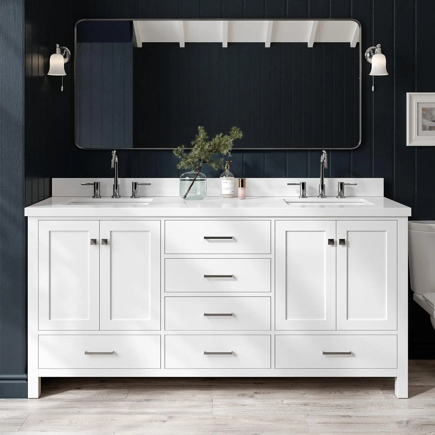 Cambridge White Double Sink Bathroom Vanity 73" with 1.5" Edge Pure White Quartz Countertop & Splash, Rectangle Sink
Cambridge White Double Sink Bathroom Vanity 73" with 1.5" Edge Pure White Quartz Countertop & Splash, Rectangle Sink