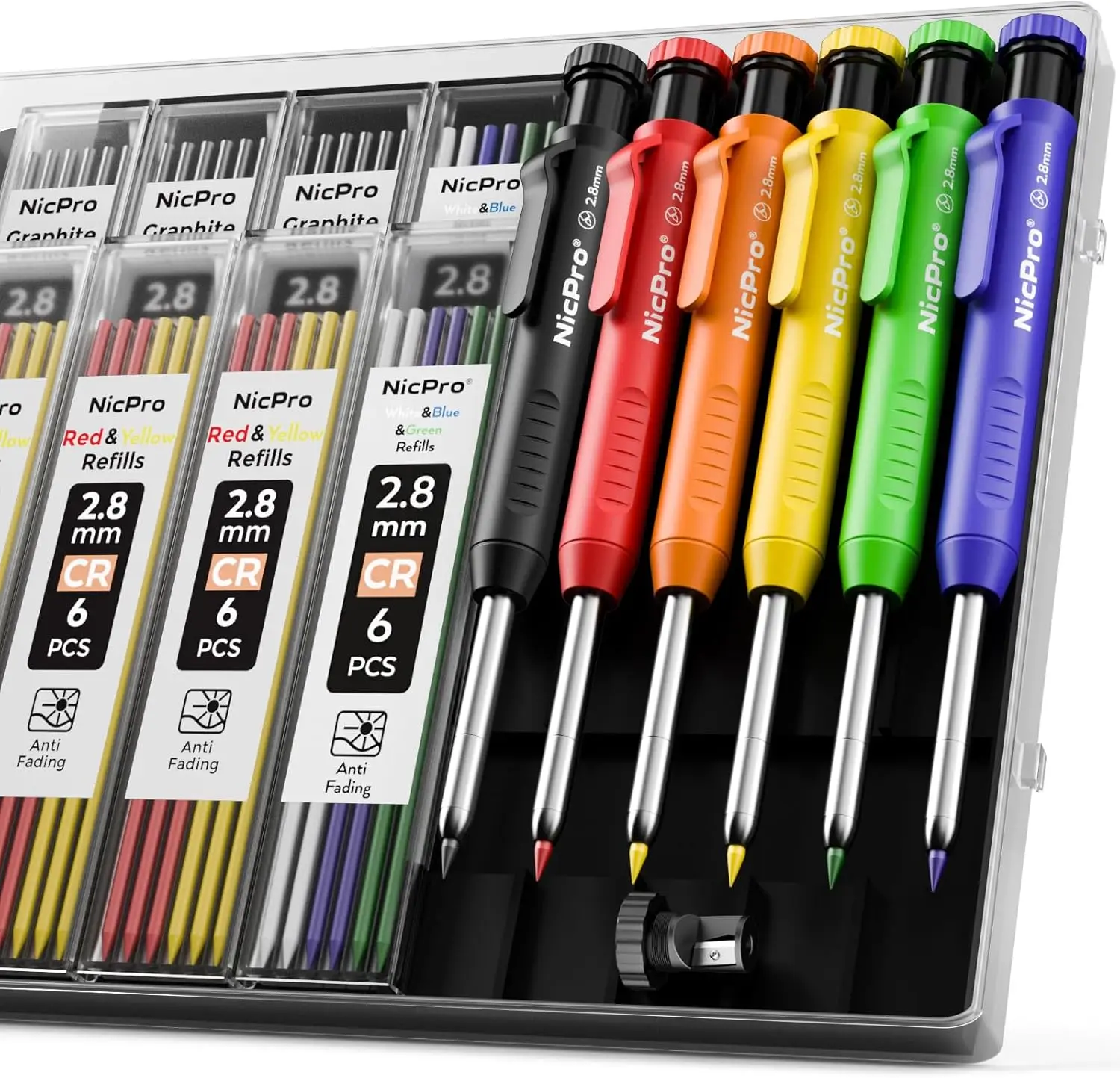6-Pack Carpenter Pencil Set with Sharpener, 54 Refills in 6 Colors - Heavy Duty Woodworking Tools with Storage Case
6-Pack Carpenter Pencil Set with Sharpener, 54 Refills in 6 Colors - Heavy Duty Woodworking Tools with Storage Case