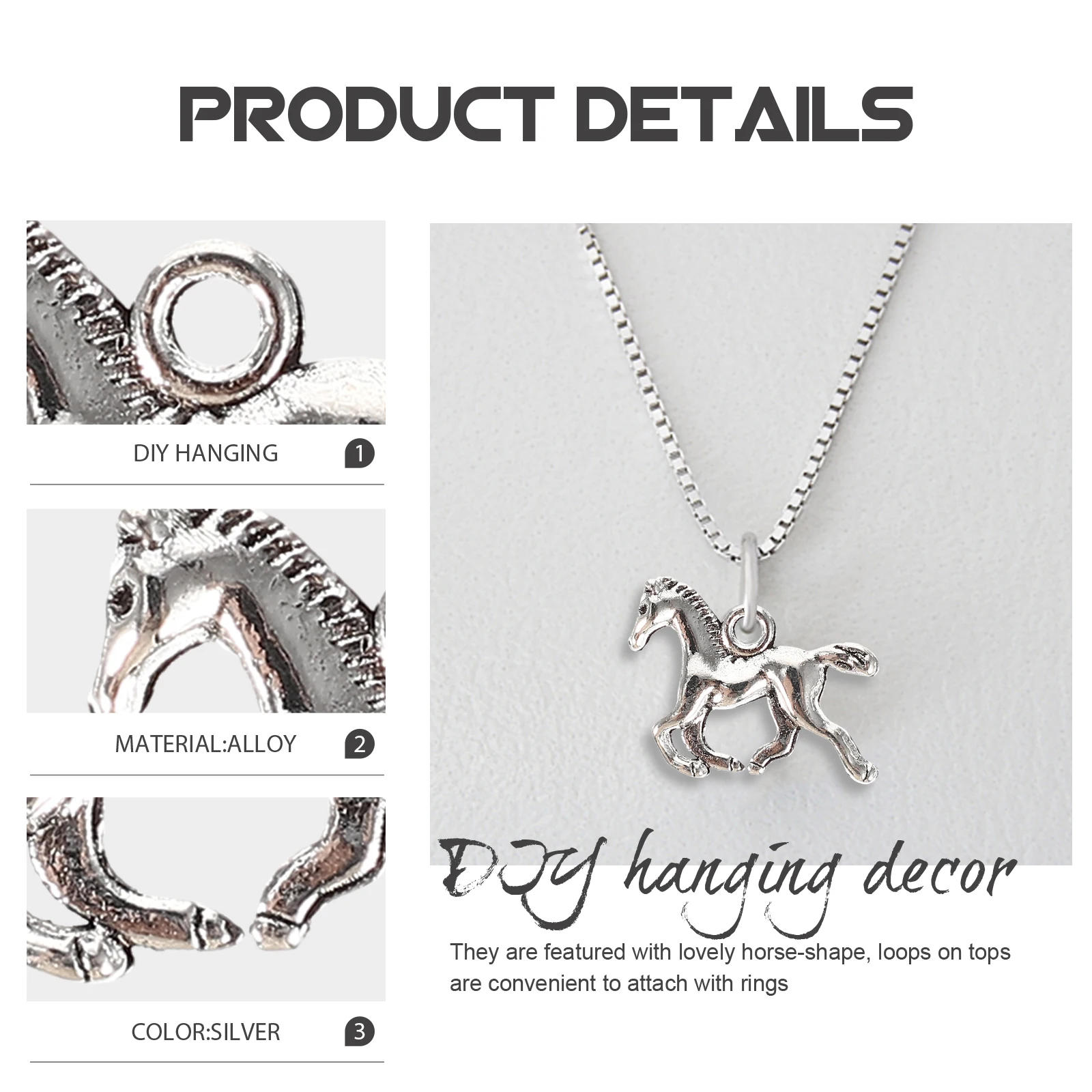 200pcs Alloy Charm Jewelry Supplies Lightweight Lovely Horse Shape Necklace Pendant Key Ring Decor Bracelet Charms DIY
200pcs Alloy Charm Jewelry Supplies Lightweight Lovely Horse Shape Necklace Pendant Key Ring Decor Bracelet Charms DIY