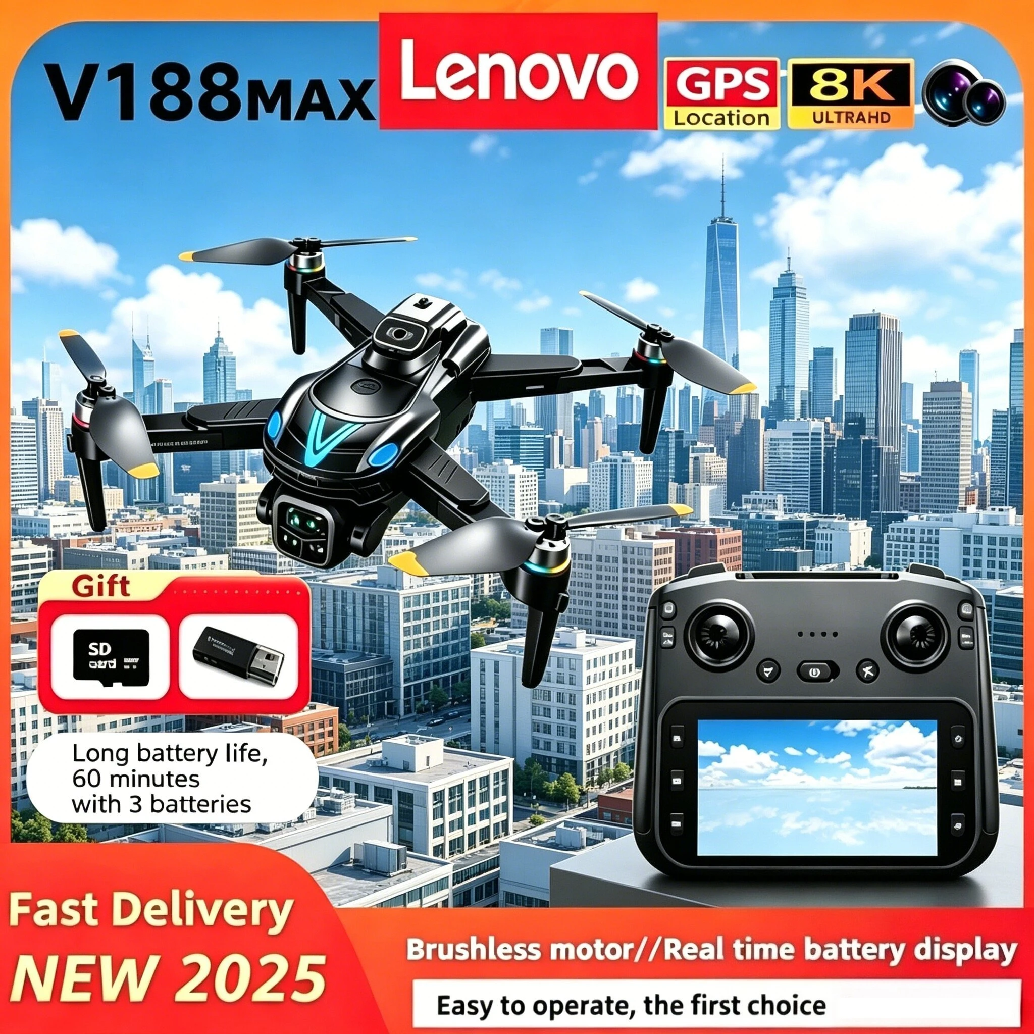 Lenovo V188MAX 8K GPS Drone 4K HD Camera Obstacle Avoidance FPV Foldable RC Drone With Screen Professional Aerial Quadcopter
Lenovo V188MAX 8K GPS Drone 4K HD Camera Obstacle Avoidance FPV Foldable RC Drone With Screen Professional Aerial Quadcopter