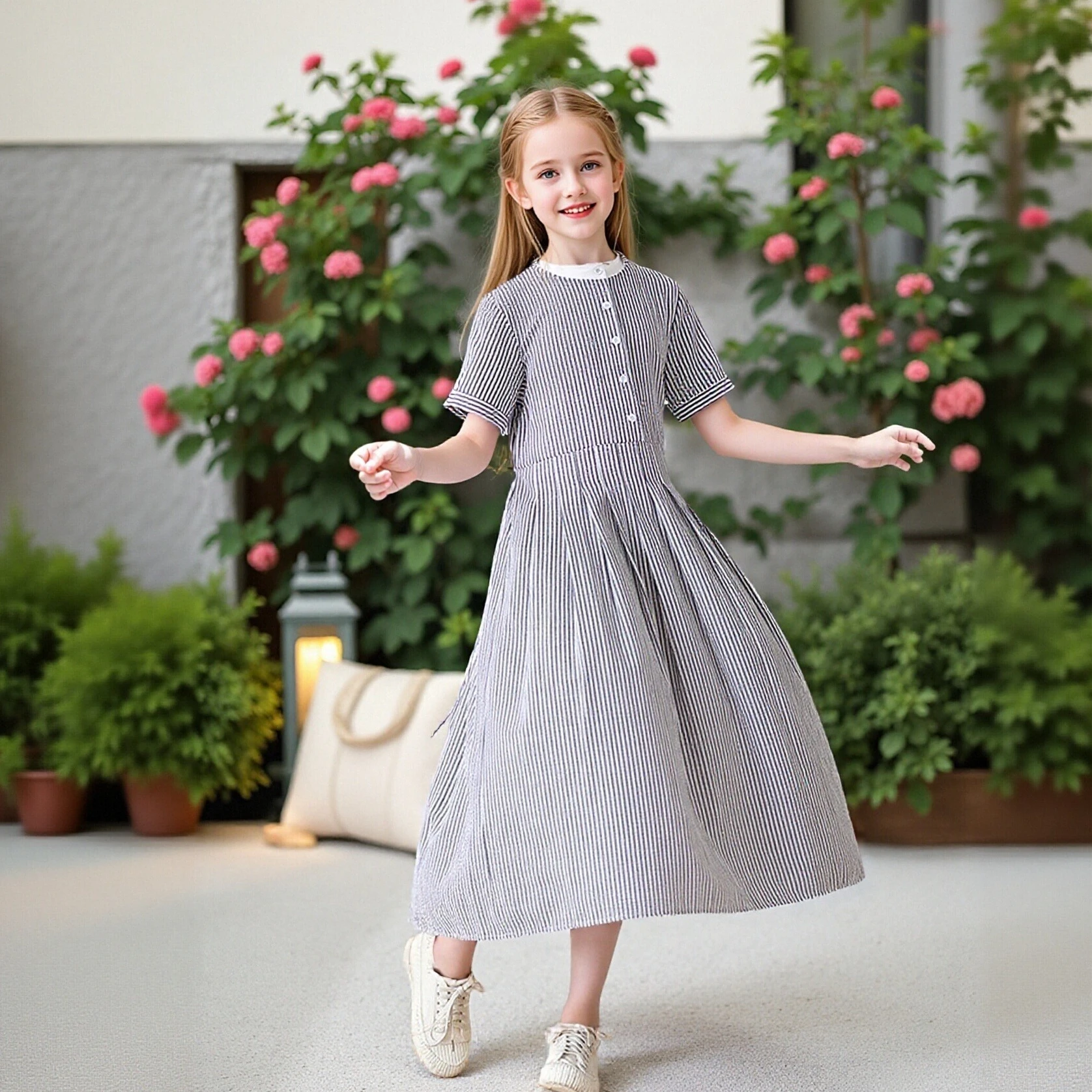 Серое полосатое платье миди с короткими рукавами для девочек-подростков | Платье А-силуэта из хлопка с контрастным воротником и пуговицами спереди для детей: повседневное и школьное
Серое полосатое платье миди с короткими рукавами для девочек-подростков | Платье А-силуэта из хлопка с контрастным воротником и пуговицами спереди для детей: повседневное и школьное