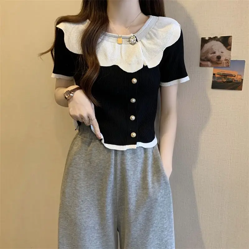 Летняя трикотажная футболка ort Sve, женский дизайн, Pure Desire, сладкий и пряный кукольный воротник, топ Faion Trend 
Летняя трикотажная футболка ort Sve, женский дизайн, Pure Desire, сладкий и пряный кукольный воротник, топ Faion Trend