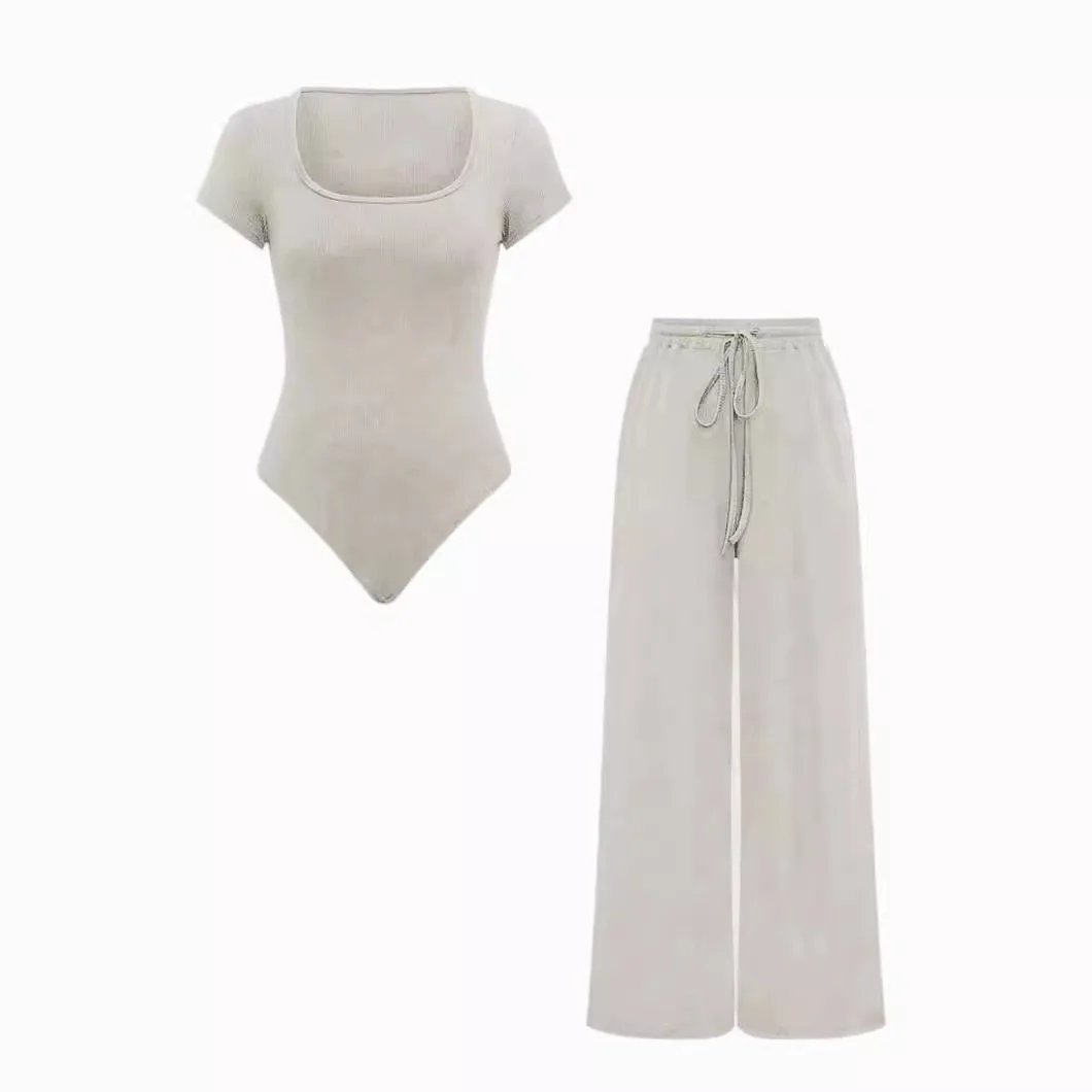 Spring Casual Two Piece Pants Suits Female Solid Color Black Short Sleeve Bodysuits Top+Haist Waist Wide Leg Pants Matching Sets
Spring Casual Two Piece Pants Suits Female Solid Color Black Short Sleeve Bodysuits Top+Haist Waist Wide Leg Pants Matching Sets