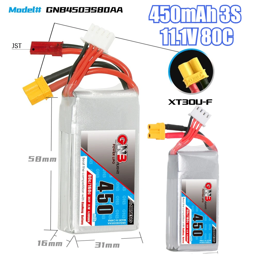 450mAh 3S 11.1V 80C with XT30 Single Plug/Dual Plug Suitable for FPV UAV Small Four-axis High Rate Lithium Battery
450mAh 3S 11.1V 80C with XT30 Single Plug/Dual Plug Suitable for FPV UAV Small Four-axis High Rate Lithium Battery