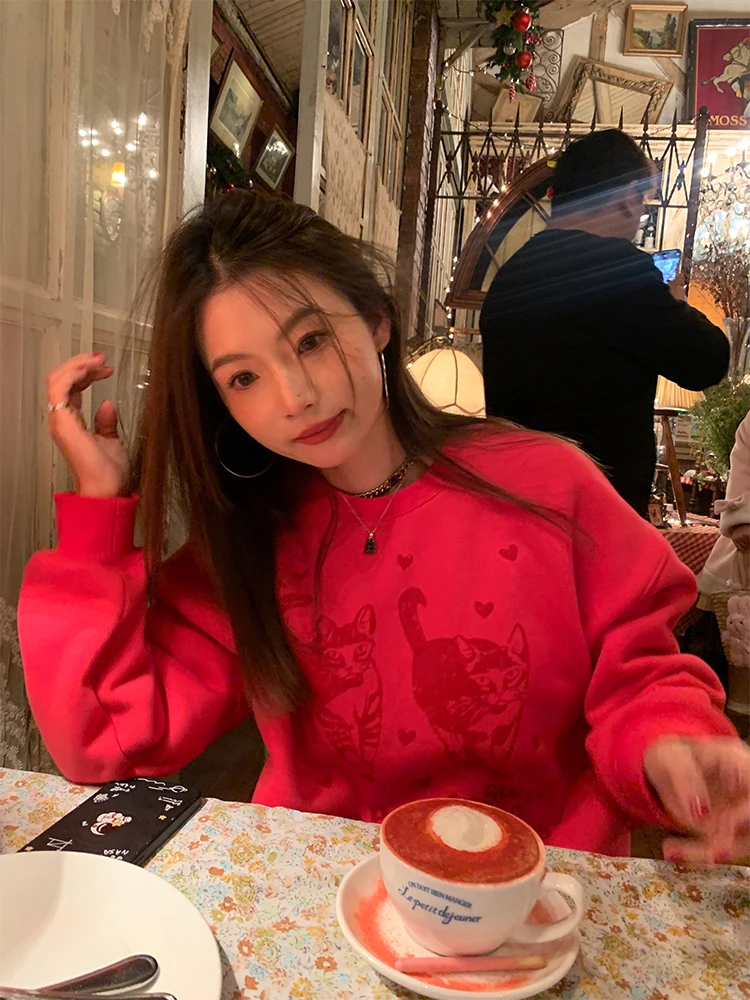 Oversize Fleece Lined Printed Sweatshirt Women's Loose round Neck Pullover Autumn Winter Red Casual Comfortable Cotton Blend
Oversize Fleece Lined Printed Sweatshirt Women's Loose round Neck Pullover Autumn Winter Red Casual Comfortable Cotton Blend