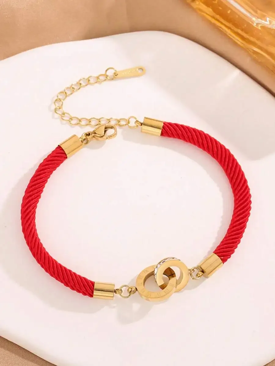 Stainless Steel Braided Red Rope Roman Numeral Double Ring Fashion Bracelet
Stainless Steel Braided Red Rope Roman Numeral Double Ring Fashion Bracelet