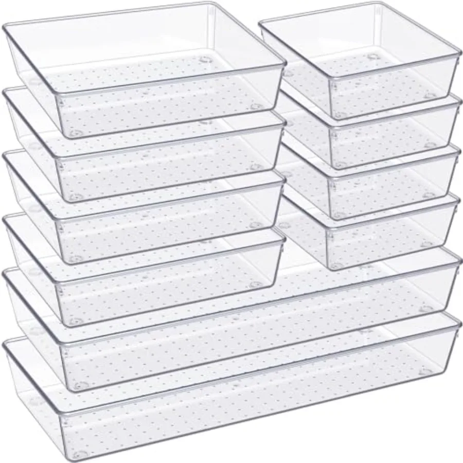 Drawer Organizer, 10 Pack Large Clear Plastic Set, 3 Size Versatile Bathroom and Vanity Organizer Trays, Storage Bins for Makeu
Drawer Organizer, 10 Pack Large Clear Plastic Set, 3 Size Versatile Bathroom and Vanity Organizer Trays, Storage Bins for Makeu