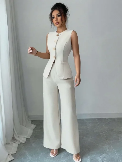 New Fashionable Commuter Women's Suit Casual Solid Color Round Neck Cardigan Vest Paired With Loose Wide-leg Pants Two-piece Set
New Fashionable Commuter Women's Suit Casual Solid Color Round Neck Cardigan Vest Paired With Loose Wide-leg Pants Two-piece Set