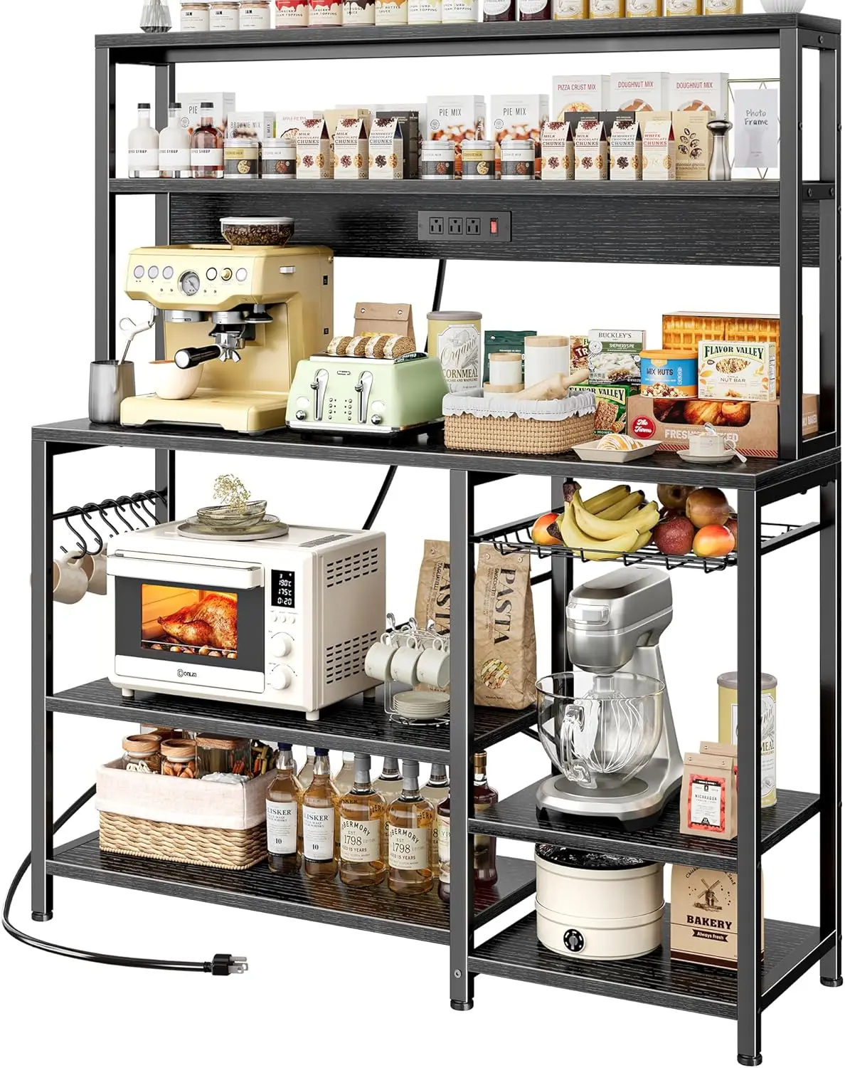 47.2" Kitchen Microwave Stand with Power Outlet, 3 Adjustable Shelves, Wire Basket & Hooks, Black
47.2" Kitchen Microwave Stand with Power Outlet, 3 Adjustable Shelves, Wire Basket & Hooks, Black