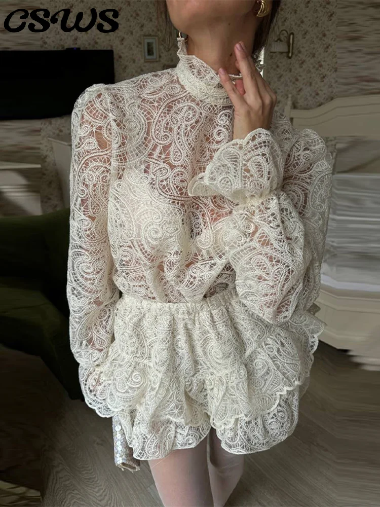 Sexy Lace See Through Shirt Skirt Suit Women Solid Full Flare Sleeve Stand Collar Shirts Ruffle Mini Skirts Fashion Party Set
Sexy Lace See Through Shirt Skirt Suit Women Solid Full Flare Sleeve Stand Collar Shirts Ruffle Mini Skirts Fashion Party Set