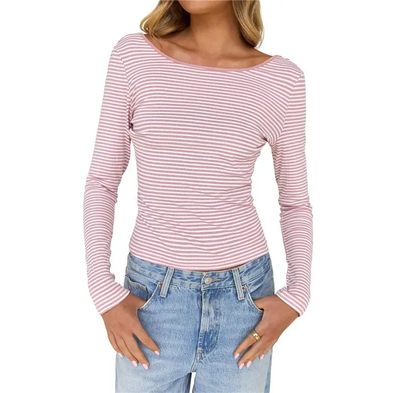 Женские летне-осенние топы с длинным рукавом, вырезом-лодочкой, в полоску, повседневные, облегающие, с открытой спиной, из рубчатого трикотажа
Женские летне-осенние топы с длинным рукавом, вырезом-лодочкой, в полоску, повседневные, облегающие, с открытой спиной, из рубчатого трикотажа