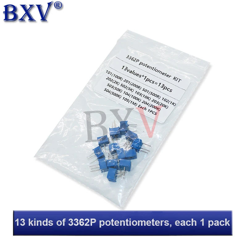 13PCS/Set 3362P Adjustable Potentiometer Kit 13kinds * 1pcs Contains 100R 200R 500R 1K 2K 5K 10K 20K 50K 100K 200K 1M BXV
13PCS/Set 3362P Adjustable Potentiometer Kit 13kinds * 1pcs Contains 100R 200R 500R 1K 2K 5K 10K 20K 50K 100K 200K 1M BXV