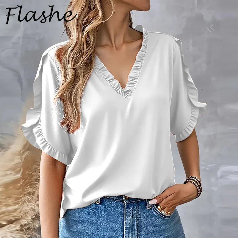 Summer Casual Short Sleeve Shirt Women V Neck Ruffle Design Loose Tee Tops Solid Elegant Women T-Shirts
Summer Casual Short Sleeve Shirt Women V Neck Ruffle Design Loose Tee Tops Solid Elegant Women T-Shirts