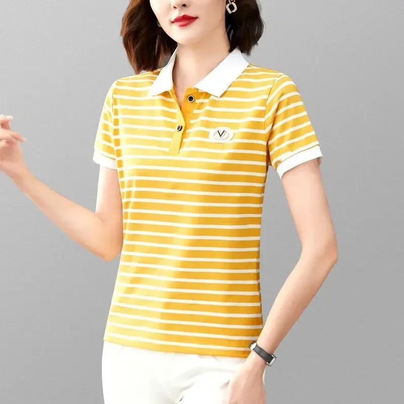 Yellow Striped Short Sleeve Tee T-shirt Woman Black White Polo Neck Shirts for Women Clothing Tops High Quality Polyester Trend
Yellow Striped Short Sleeve Tee T-shirt Woman Black White Polo Neck Shirts for Women Clothing Tops High Quality Polyester Trend