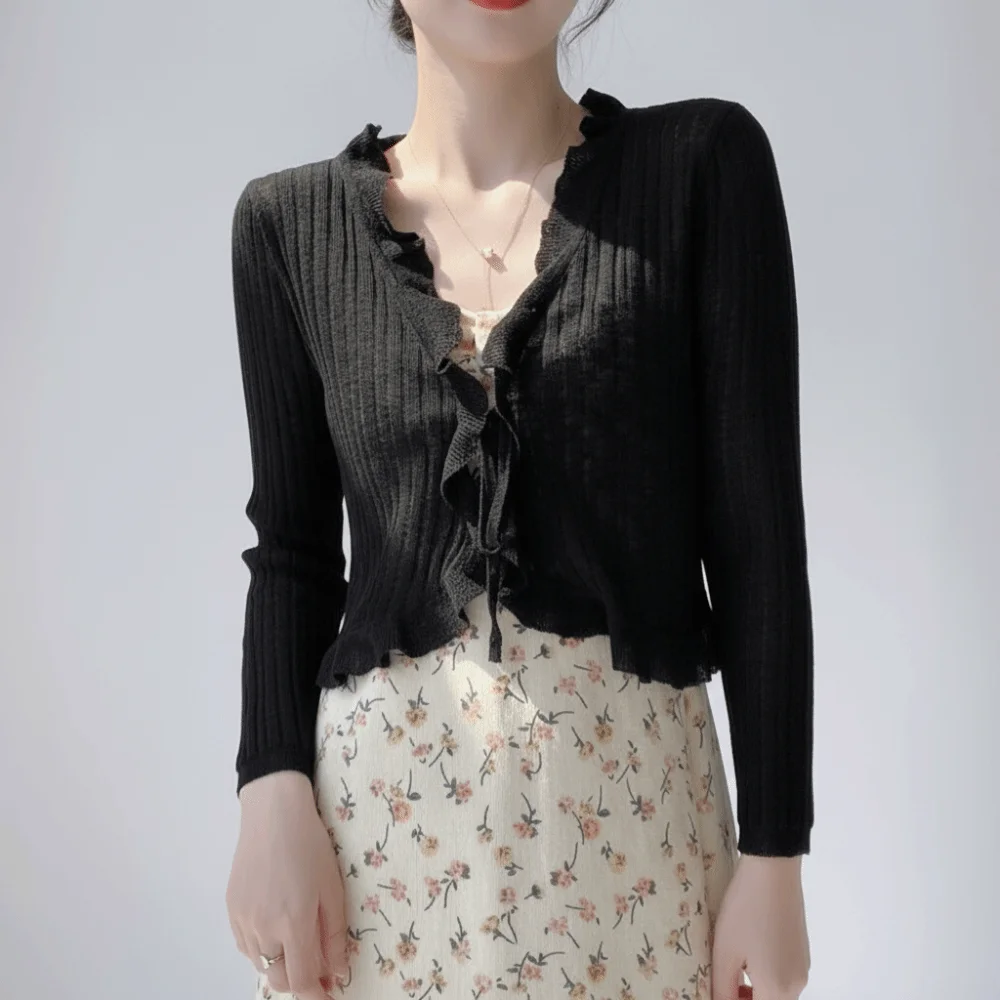 New Ruffled Trim Tie Front Knitted Cardigan V-Neck Long Sleeve Sun-Proof Tops Thin Outwear Women
New Ruffled Trim Tie Front Knitted Cardigan V-Neck Long Sleeve Sun-Proof Tops Thin Outwear Women