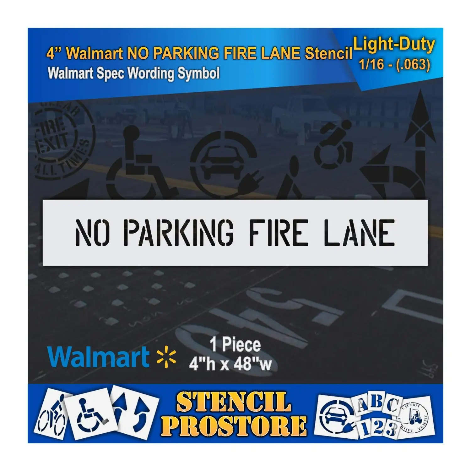 4 Inch No Parking Fire Lane Stencil, 48" x 4" Light Duty Retail Stencil 63 Mil for Walmart Parking Lot Marking
4 Inch No Parking Fire Lane Stencil, 48" x 4" Light Duty Retail Stencil 63 Mil for Walmart Parking Lot Marking
