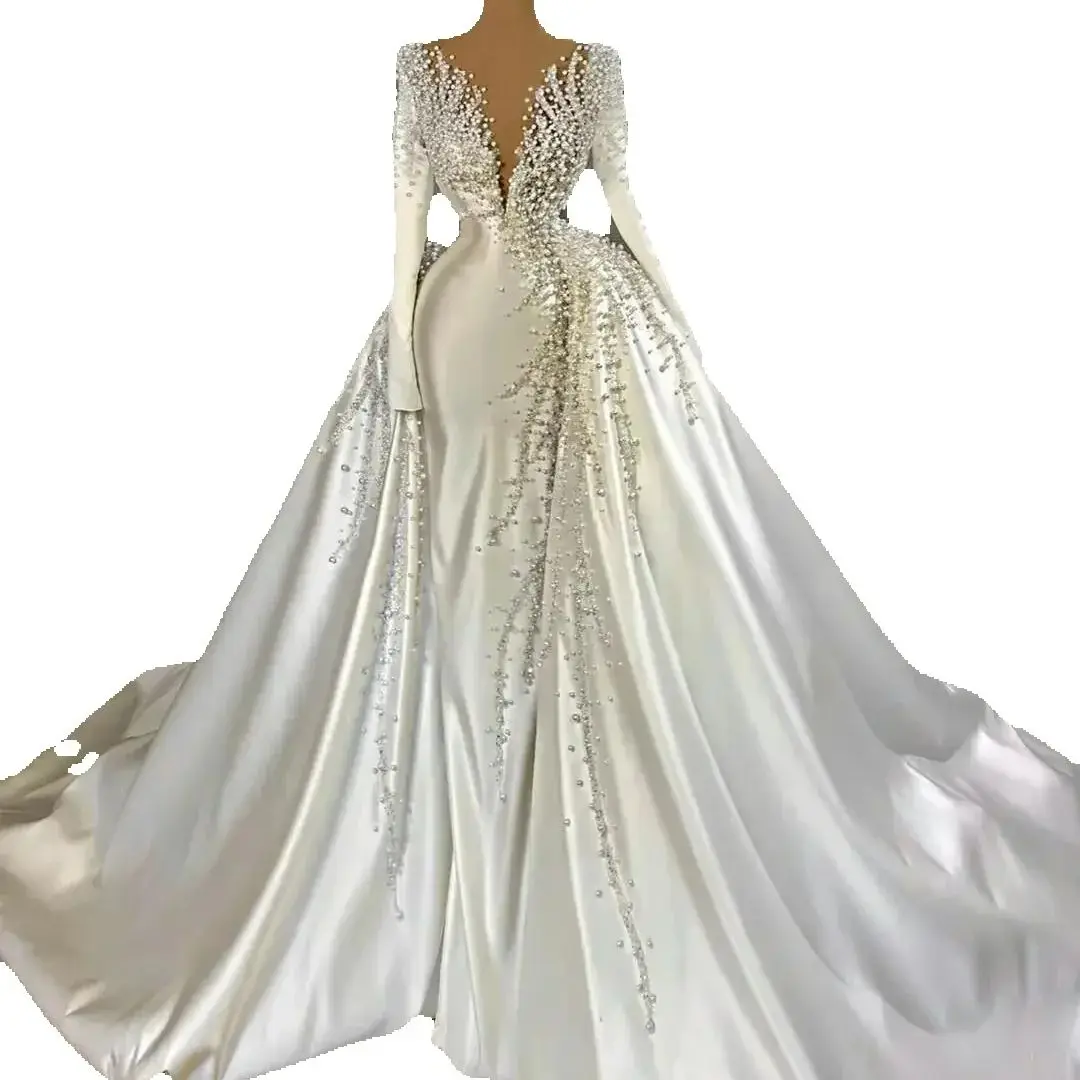 Customized Gorgeous Wedding Dresses With Detachable Train Satin Pearls Beads Mermaid Bridal Gowns Long Sleeve Marriage Dress
Customized Gorgeous Wedding Dresses With Detachable Train Satin Pearls Beads Mermaid Bridal Gowns Long Sleeve Marriage Dress