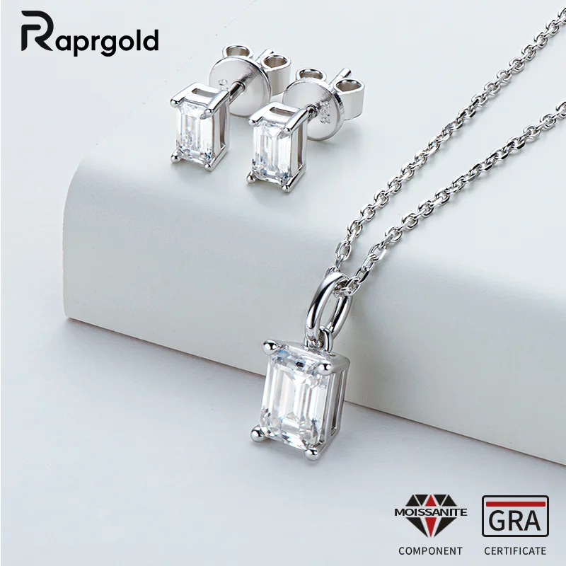 RAPRGOLD Certified Emerald Cut Moissanite Necklace Stud Earrings Jewelry Set for Women S925 Sterling Silver Pendant Chain Gifts
RAPRGOLD Certified Emerald Cut Moissanite Necklace Stud Earrings Jewelry Set for Women S925 Sterling Silver Pendant Chain Gifts
