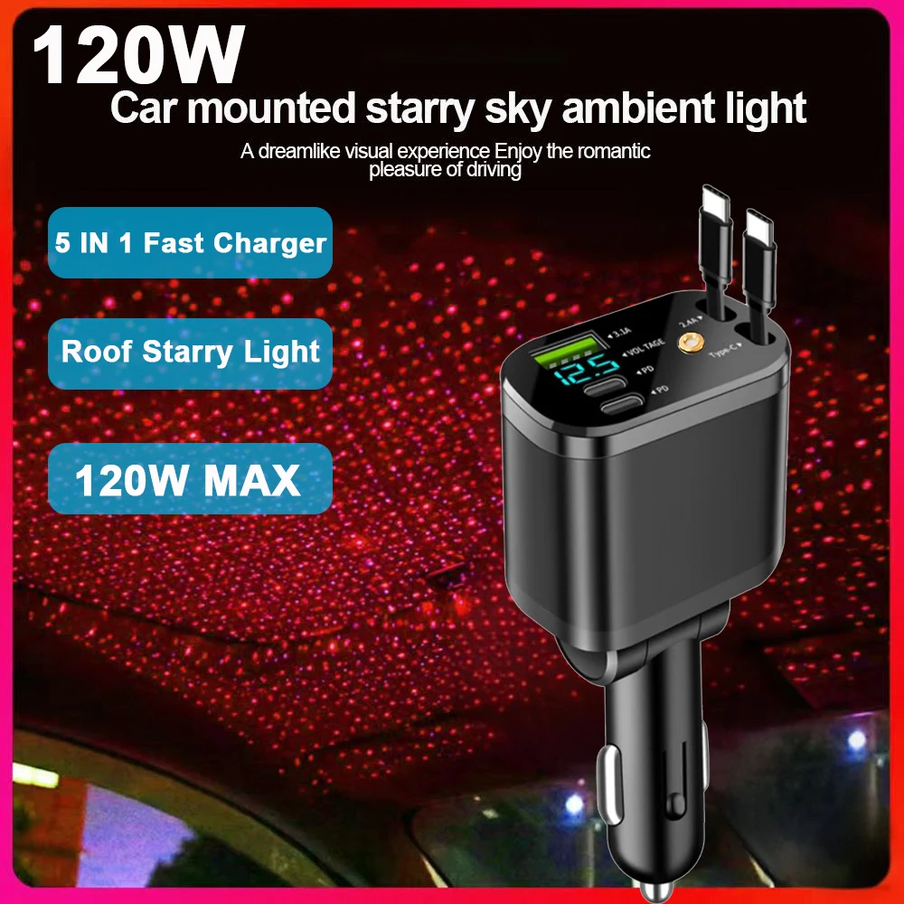 Автомобильное зарядное устройство 120 Вт 5 в 1, звездный свет на крыше, быстрая зарядка, USB-зарядное устройство с выдвижными шнурами типа C для iPhone Huawei Samsung
Автомобильное зарядное устройство 120 Вт 5 в 1, звездный свет на крыше, быстрая зарядка, USB-зарядное устройство с выдвижными шнурами типа C для iPhone Huawei Samsung