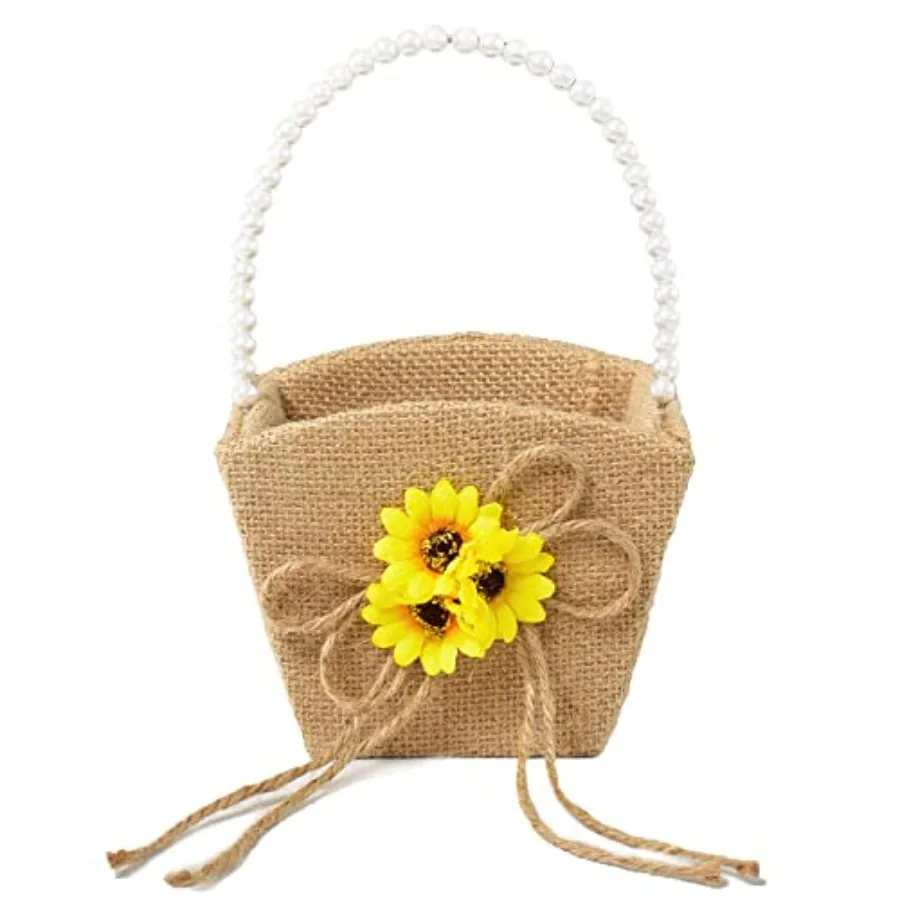 Rustic Flower Basket with Pearl Handle Burlap Wedding Flower Girl Basket Sunflower Design Basket for Vintage Wedding Ceremony
Rustic Flower Basket with Pearl Handle Burlap Wedding Flower Girl Basket Sunflower Design Basket for Vintage Wedding Ceremony