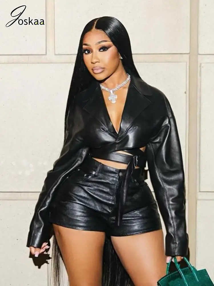 Joskaa PU Leather Black 2 Piece Set Women Hipster Sexy V-Neck Long Sleeve Crop Top and Shorts Matching Party Clubwear Streetwear
Joskaa PU Leather Black 2 Piece Set Women Hipster Sexy V-Neck Long Sleeve Crop Top and Shorts Matching Party Clubwear Streetwear