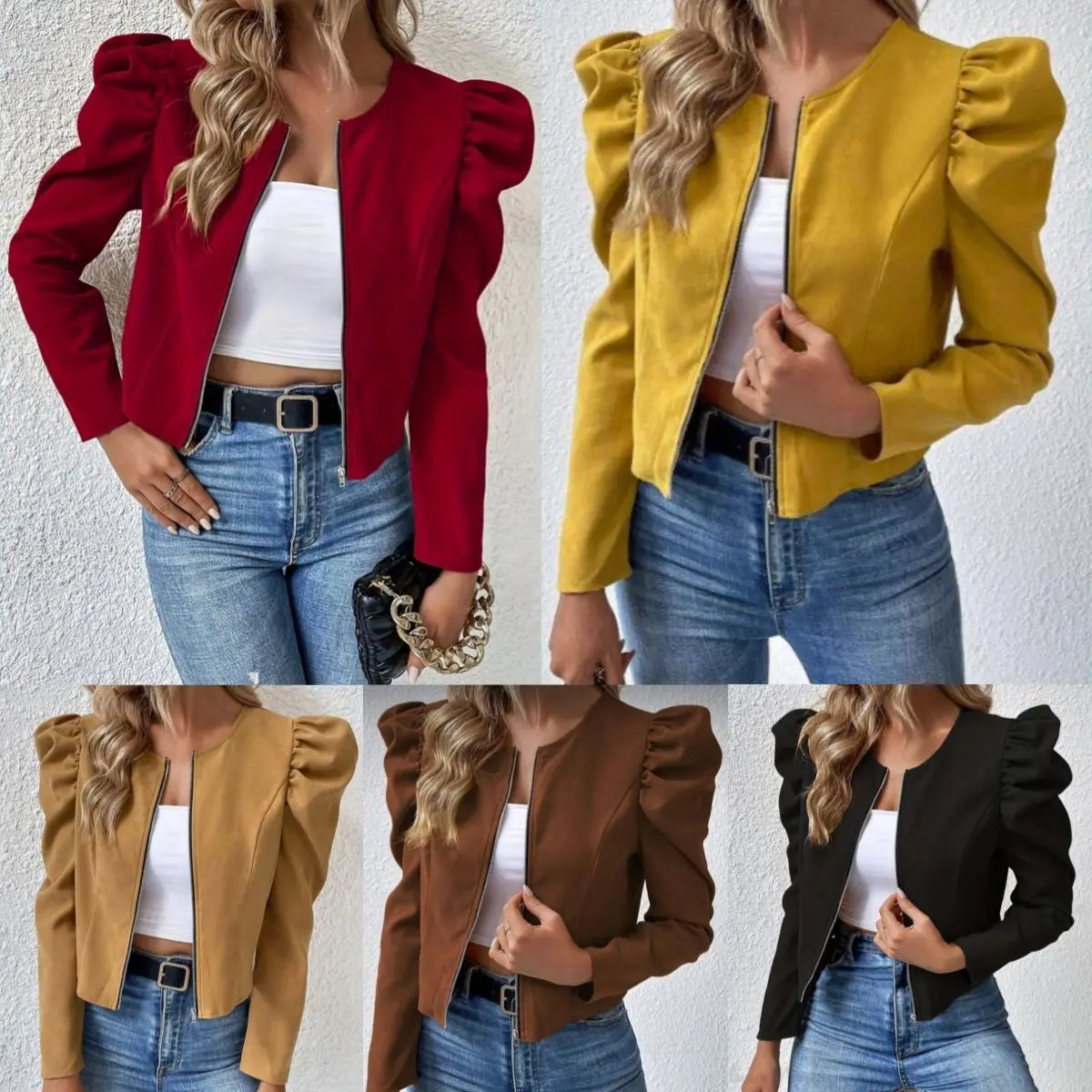 Solid Jackets O Neck Women Jacket Zipper Cardigan Coat Puff Sleeve Spliced Outerwear Loose Fit Pockets High Street Spring
Solid Jackets O Neck Women Jacket Zipper Cardigan Coat Puff Sleeve Spliced Outerwear Loose Fit Pockets High Street Spring