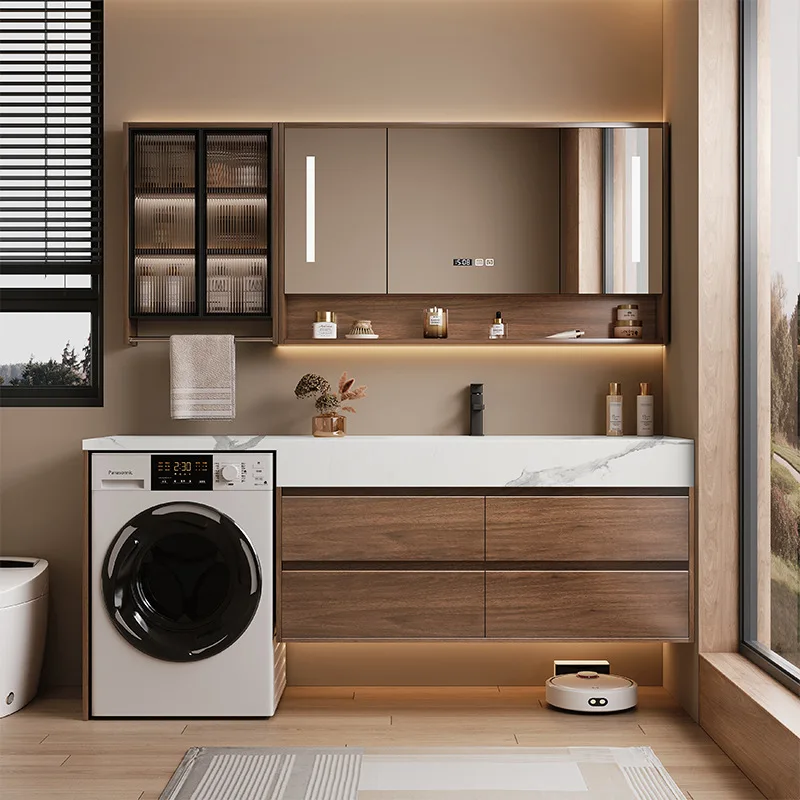 New Chinese walnut washing machine cabinet, bathroom, washbasin cabinet, combined rock slab seamless basin, smart mirror
New Chinese walnut washing machine cabinet, bathroom, washbasin cabinet, combined rock slab seamless basin, smart mirror