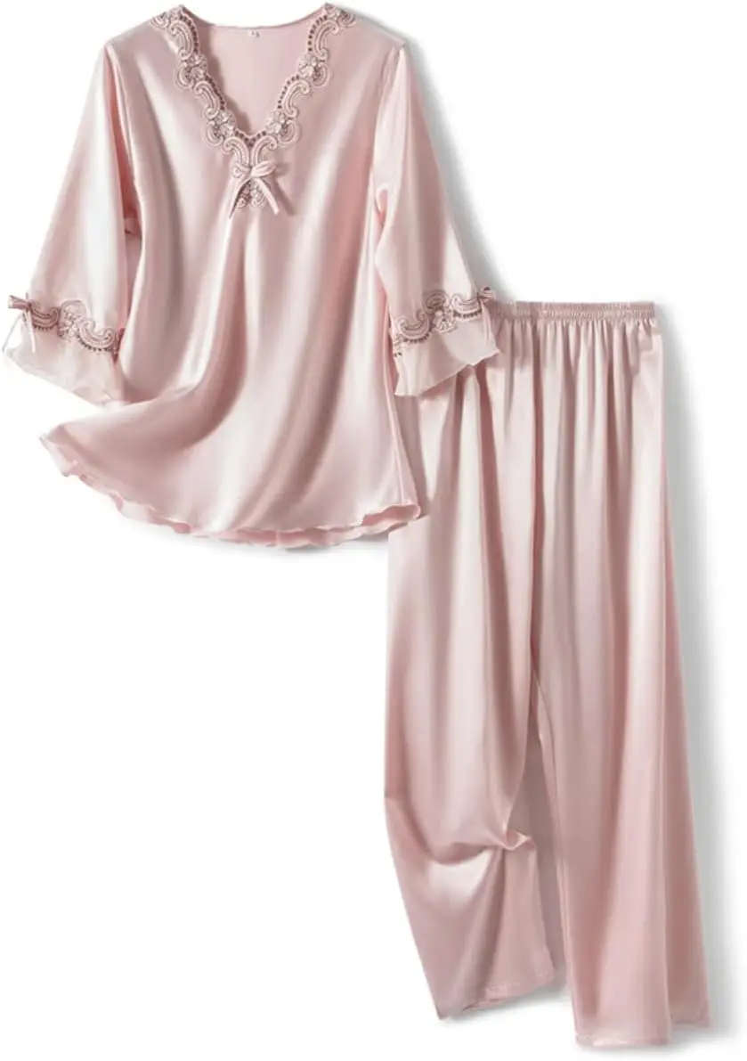 Womens Satin Pajamas Set Two-piece Classic Sleepwear 3/4 Long Sleeve V-Neck with Lace Pj Set
Womens Satin Pajamas Set Two-piece Classic Sleepwear 3/4 Long Sleeve V-Neck with Lace Pj Set