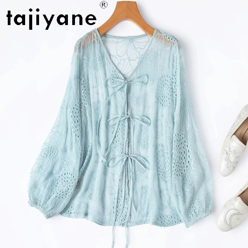 TAJIYANE Women Silk Cardigan 100% Mulberry Silk V-neck Blue Shirt Embroidery Semi Perspective Summer Blouse Woman Clothes 2026
TAJIYANE Women Silk Cardigan 100% Mulberry Silk V-neck Blue Shirt Embroidery Semi Perspective Summer Blouse Woman Clothes 2026