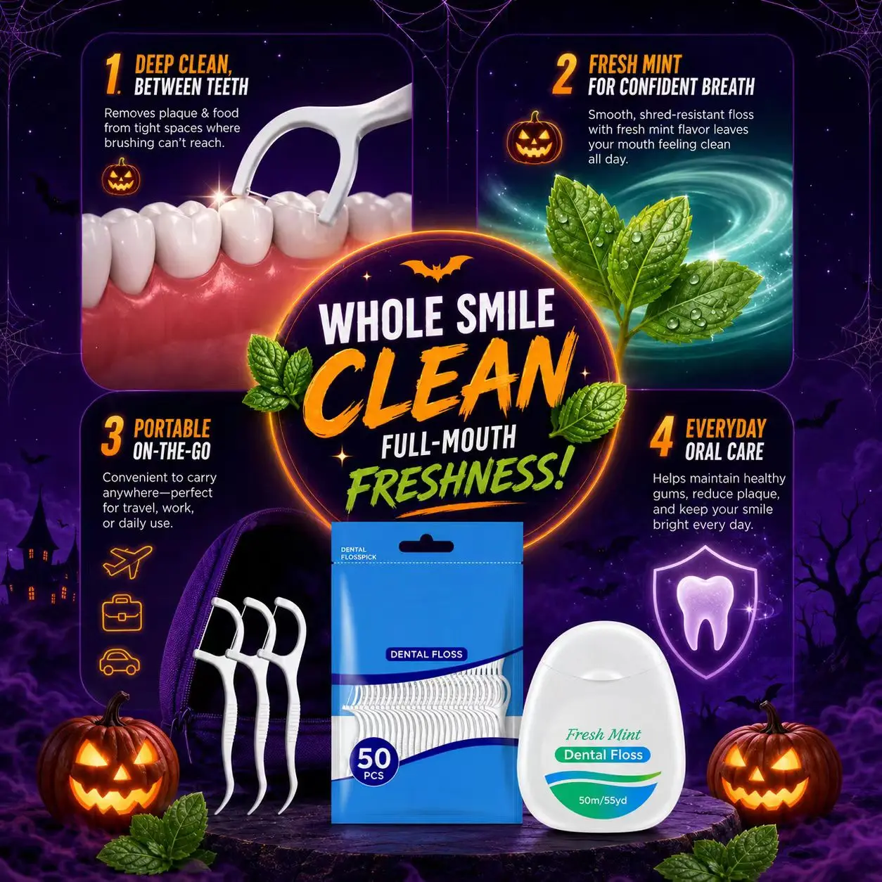 50Pcs Original Floss Picks + Mint Floss Roll Set, Portable Household Teeth Cleaning Kit
50Pcs Original Floss Picks + Mint Floss Roll Set, Portable Household Teeth Cleaning Kit