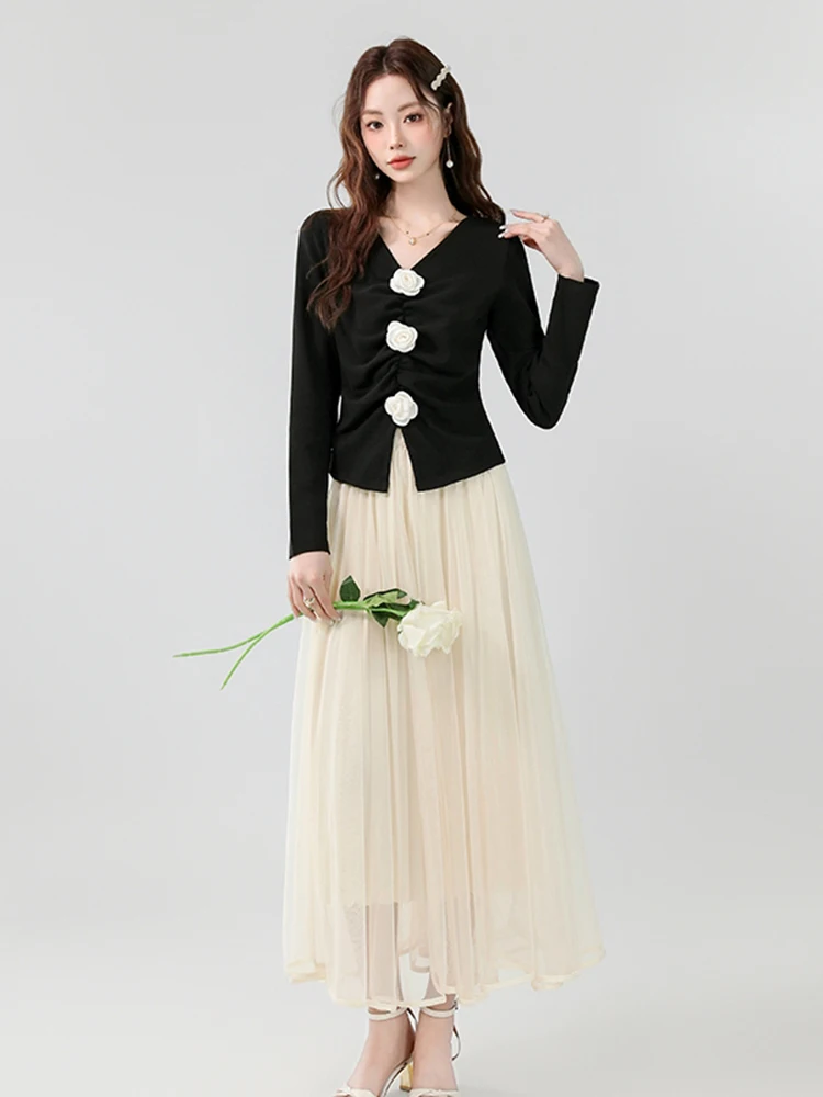 Fashion Suit Women's Spring Autumn New V-neck Flower Long Sleeved Knitted Top High Waisted Mesh Skirt Two-piece Set
Fashion Suit Women's Spring Autumn New V-neck Flower Long Sleeved Knitted Top High Waisted Mesh Skirt Two-piece Set