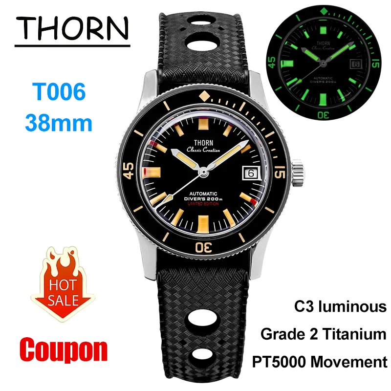 Thorn T006 Mechanical Watch 50-Fathoms Grade 2 Titanium Sapphire Luxury Watch PT5000 Movement 200m Waterproof Men Diver Watch
Thorn T006 Mechanical Watch 50-Fathoms Grade 2 Titanium Sapphire Luxury Watch PT5000 Movement 200m Waterproof Men Diver Watch