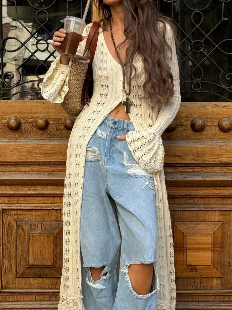 Женский ажурный вязаный кардиган с V-образным вырезом, длинными рукавами, средней длины, однотонный, вязаный, открытый кардиган, весенняя мода
Женский ажурный вязаный кардиган с V-образным вырезом, длинными рукавами, средней длины, однотонный, вязаный, открытый кардиган, весенняя мода