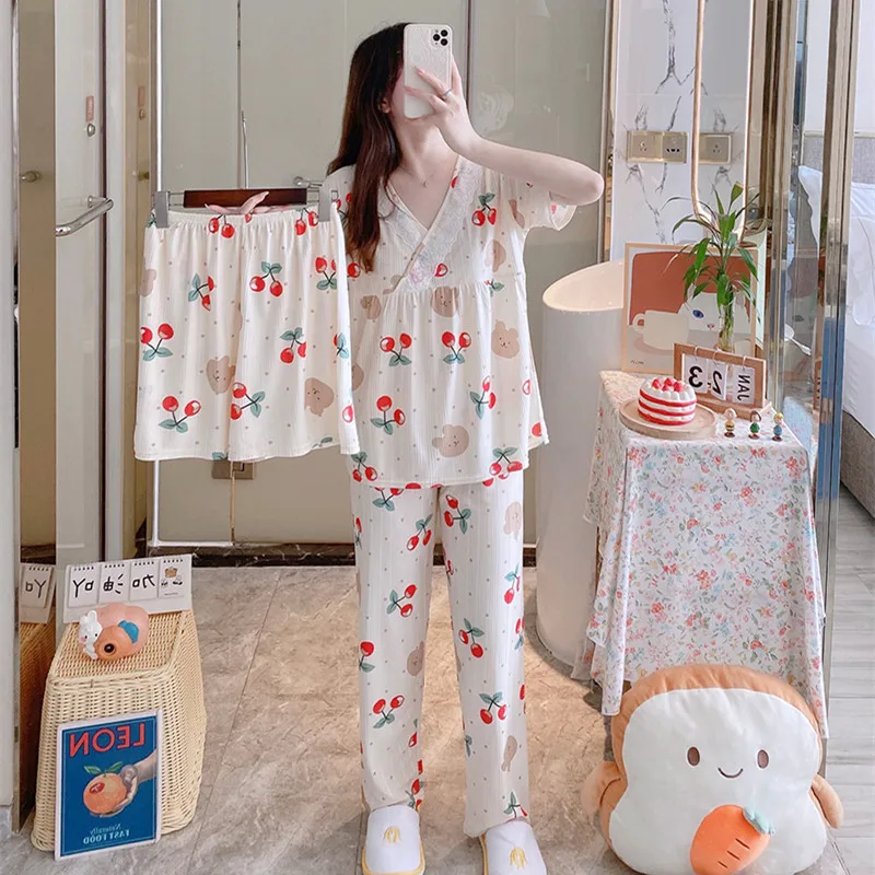 Pure Cotton Three-Piece Set Women's Sleepwear Short Sleeve Cherry Bear Home Clothes V-Neck Long Pants Summer Autumn Wear
Pure Cotton Three-Piece Set Women's Sleepwear Short Sleeve Cherry Bear Home Clothes V-Neck Long Pants Summer Autumn Wear
