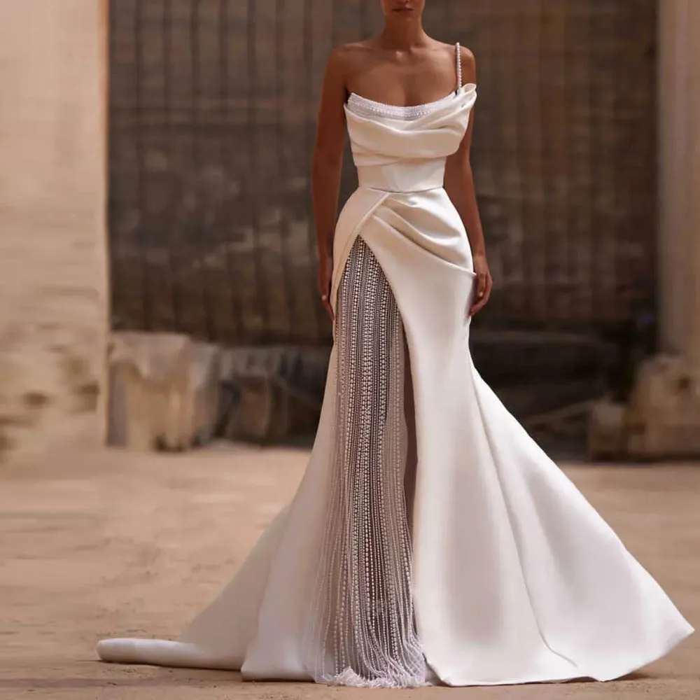 Customized Pearls One Shoulder Wedding Dresses for Bride Mermaid Sleeveless Satin Vestidos De Novia with Split
Customized Pearls One Shoulder Wedding Dresses for Bride Mermaid Sleeveless Satin Vestidos De Novia with Split