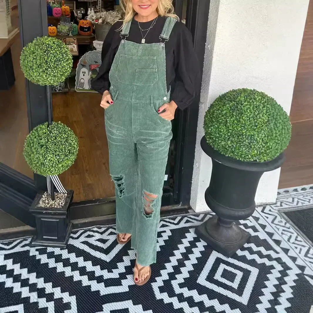 Women Corduroy Jumpsuits Sleeveless High Waisted Ripped Trousers 2025 Streetwear Hole Overalls Pockets Solid Color Rompers
Women Corduroy Jumpsuits Sleeveless High Waisted Ripped Trousers 2025 Streetwear Hole Overalls Pockets Solid Color Rompers