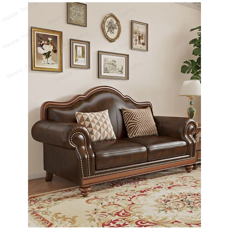 Retro solid wood leather sofa first layer cowhide simple living room villa furniture four people
Retro solid wood leather sofa first layer cowhide simple living room villa furniture four people