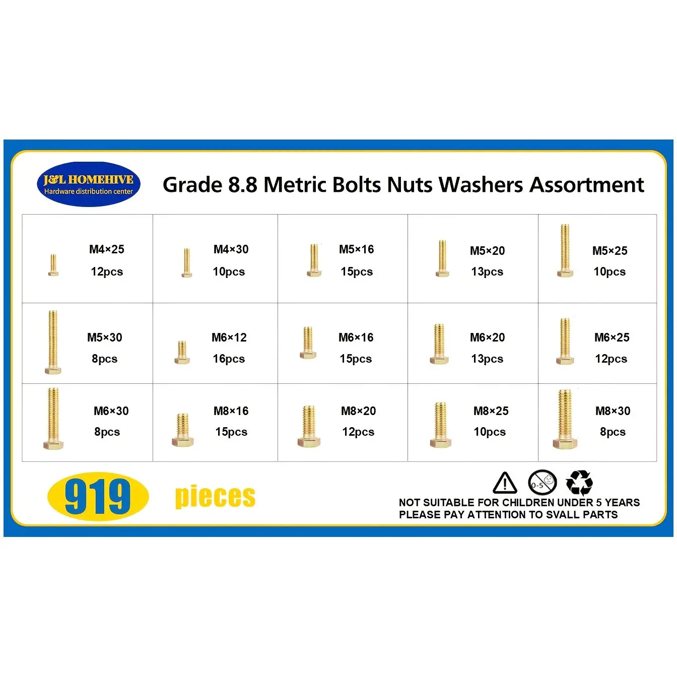 Heavy-Duty Metric Bolt & Nut Kit (919 pcs) – Grade 8.8 Carbon Steel, Yellow Galvanized for Corrosion Resistance | M4/M5/M6/M8 Si
Heavy-Duty Metric Bolt & Nut Kit (919 pcs) – Grade 8.8 Carbon Steel, Yellow Galvanized for Corrosion Resistance | M4/M5/M6/M8 Si