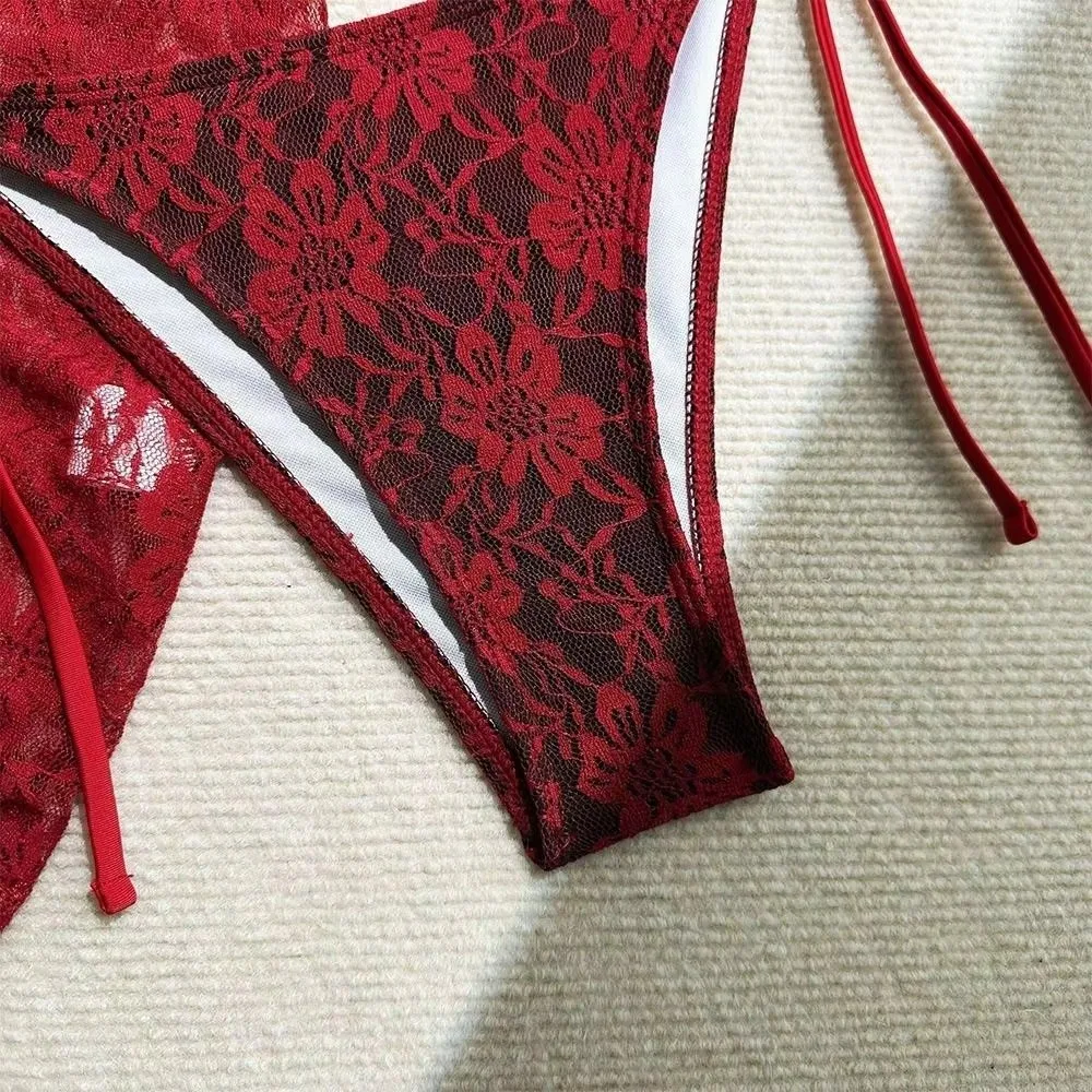 Swimming Halter Sexy Brazilian Bikini Set Cover Skirt Nylon Three-Piece Swimwear Mesh Red Swimsuits Summer
Swimming Halter Sexy Brazilian Bikini Set Cover Skirt Nylon Three-Piece Swimwear Mesh Red Swimsuits Summer