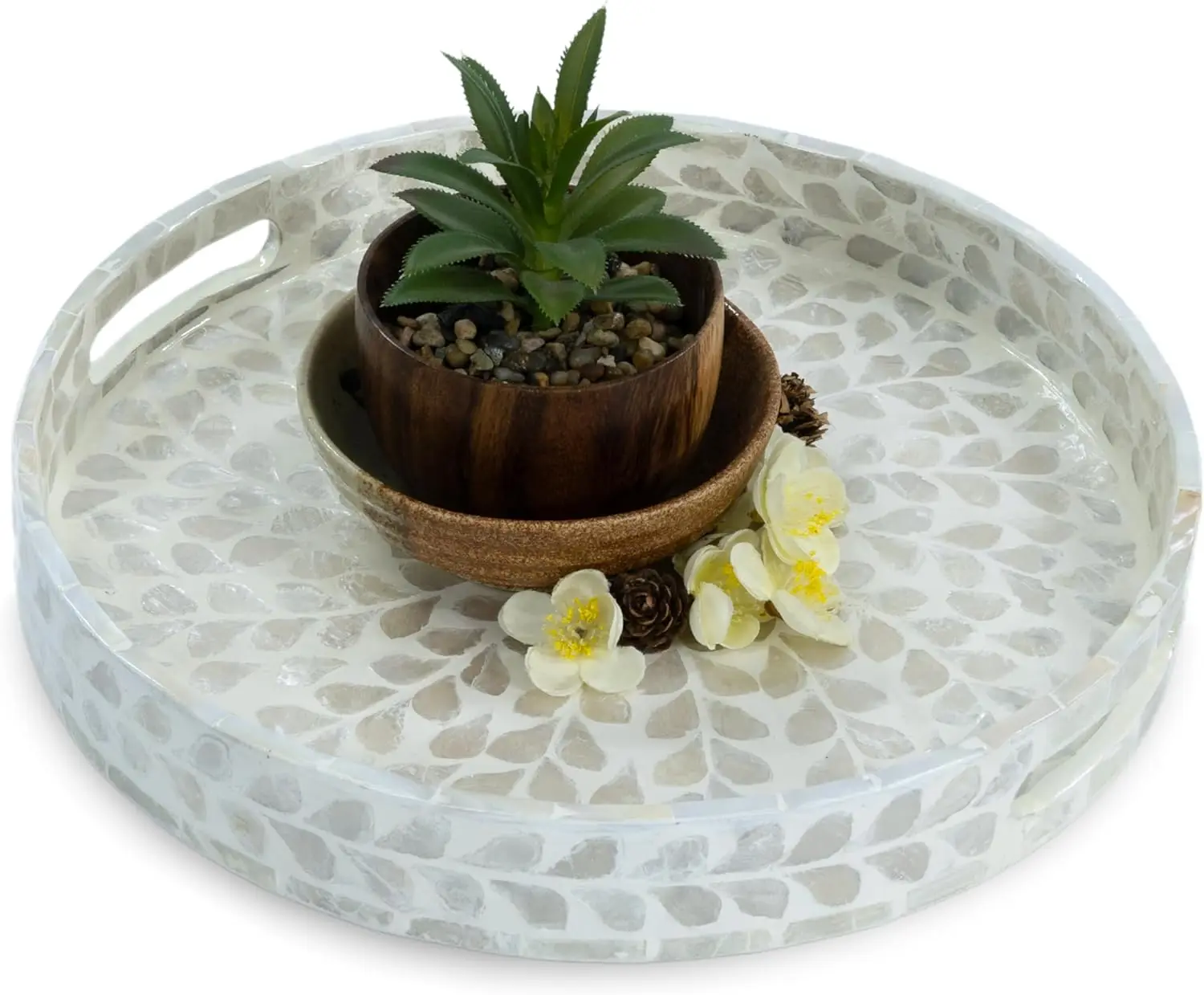 12.5 Inch Round Wooden Tray with Mother of Pearl Inlay and Handles for Tea or Breakfast
12.5 Inch Round Wooden Tray with Mother of Pearl Inlay and Handles for Tea or Breakfast