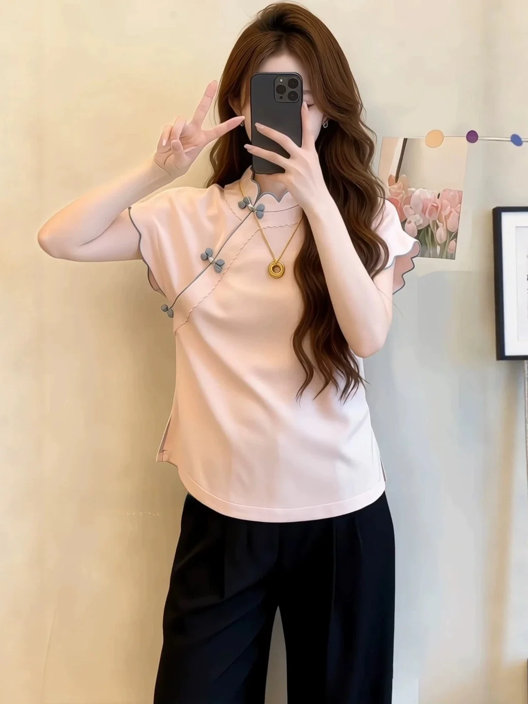 New Chinese Style Pink Stand Collar Button up Short Sleeve Shirt Women Summer Loose Slimming Top Large Size Fitted Blouse
New Chinese Style Pink Stand Collar Button up Short Sleeve Shirt Women Summer Loose Slimming Top Large Size Fitted Blouse