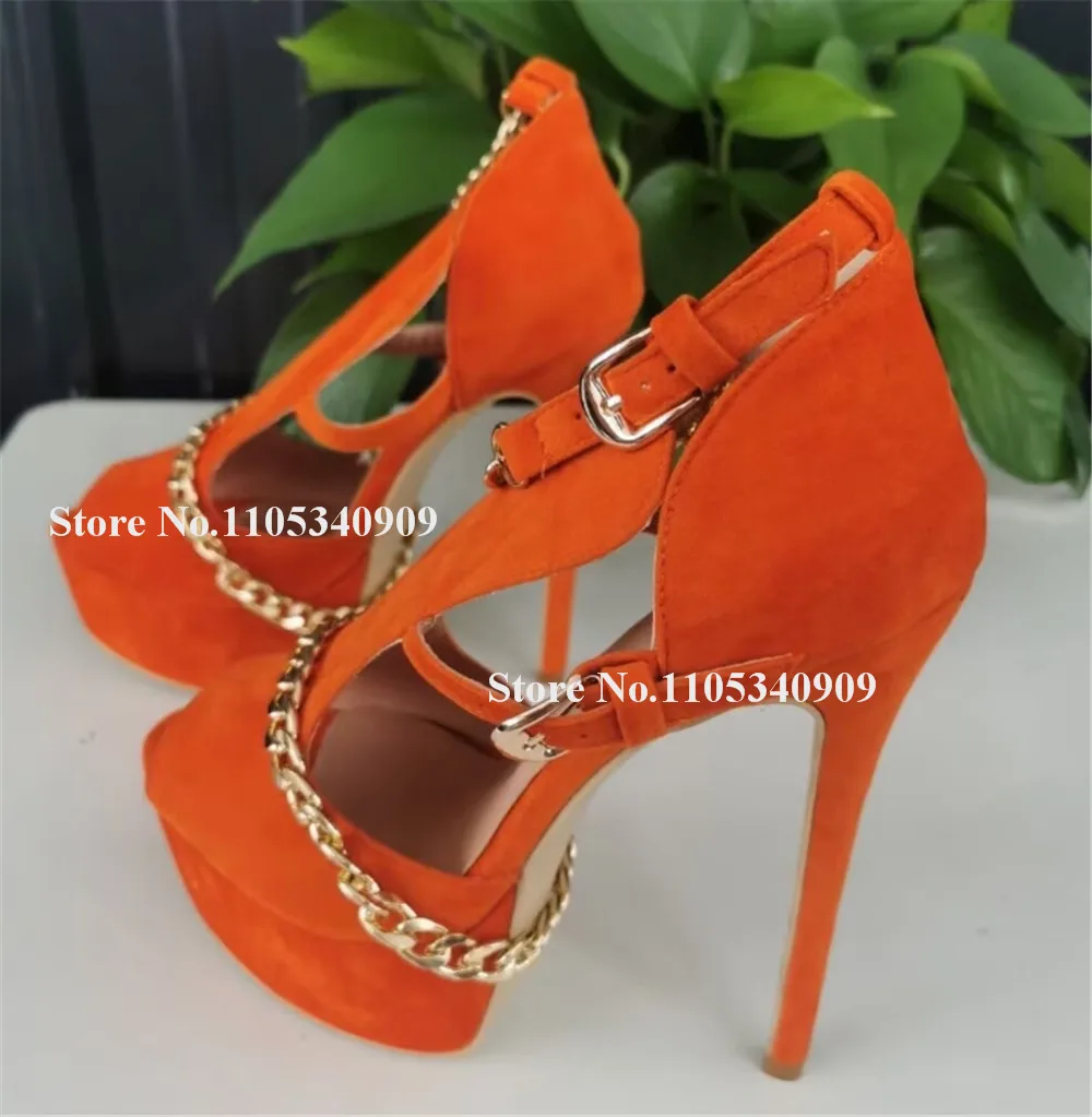 Bondarenko Gold Chains Decorated Stiletto Heel Sandals Orange Blue Purple Suede High Platform Cut-out Thin Heel Dance Shoes
Bondarenko Gold Chains Decorated Stiletto Heel Sandals Orange Blue Purple Suede High Platform Cut-out Thin Heel Dance Shoes