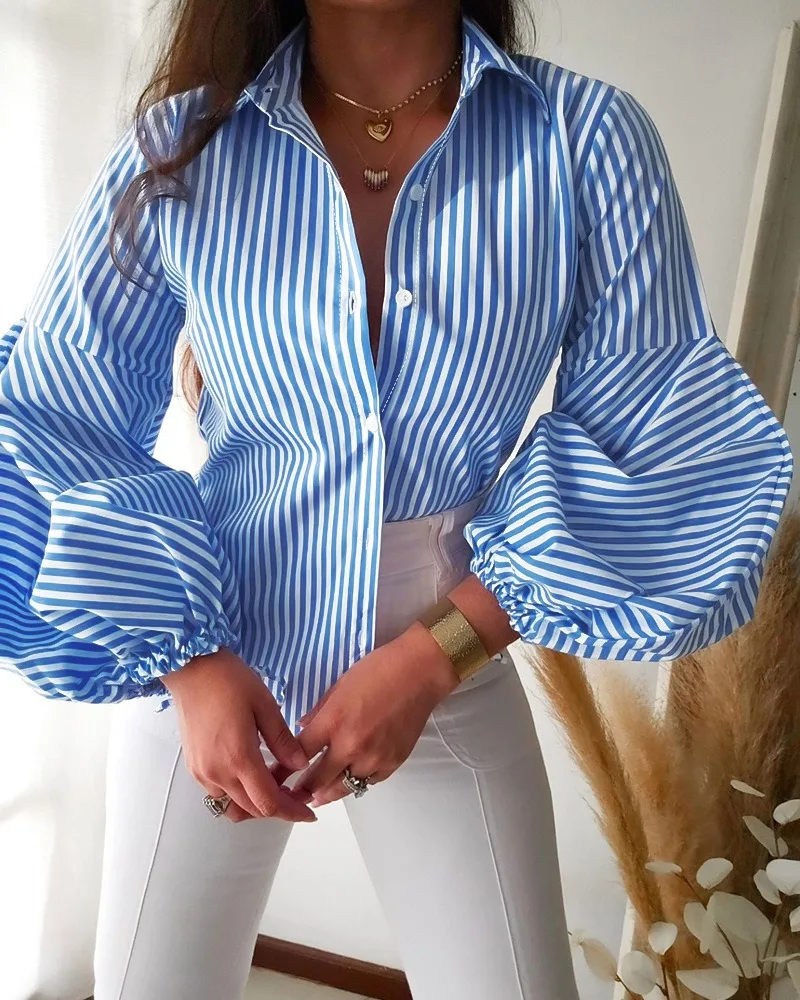 Spring Womens Shirt Fashion Striped Print Turn-Down Collar Lantern Sleeve Slim Fit Blouse Front Button Casual Office Lady Top
Spring Womens Shirt Fashion Striped Print Turn-Down Collar Lantern Sleeve Slim Fit Blouse Front Button Casual Office Lady Top