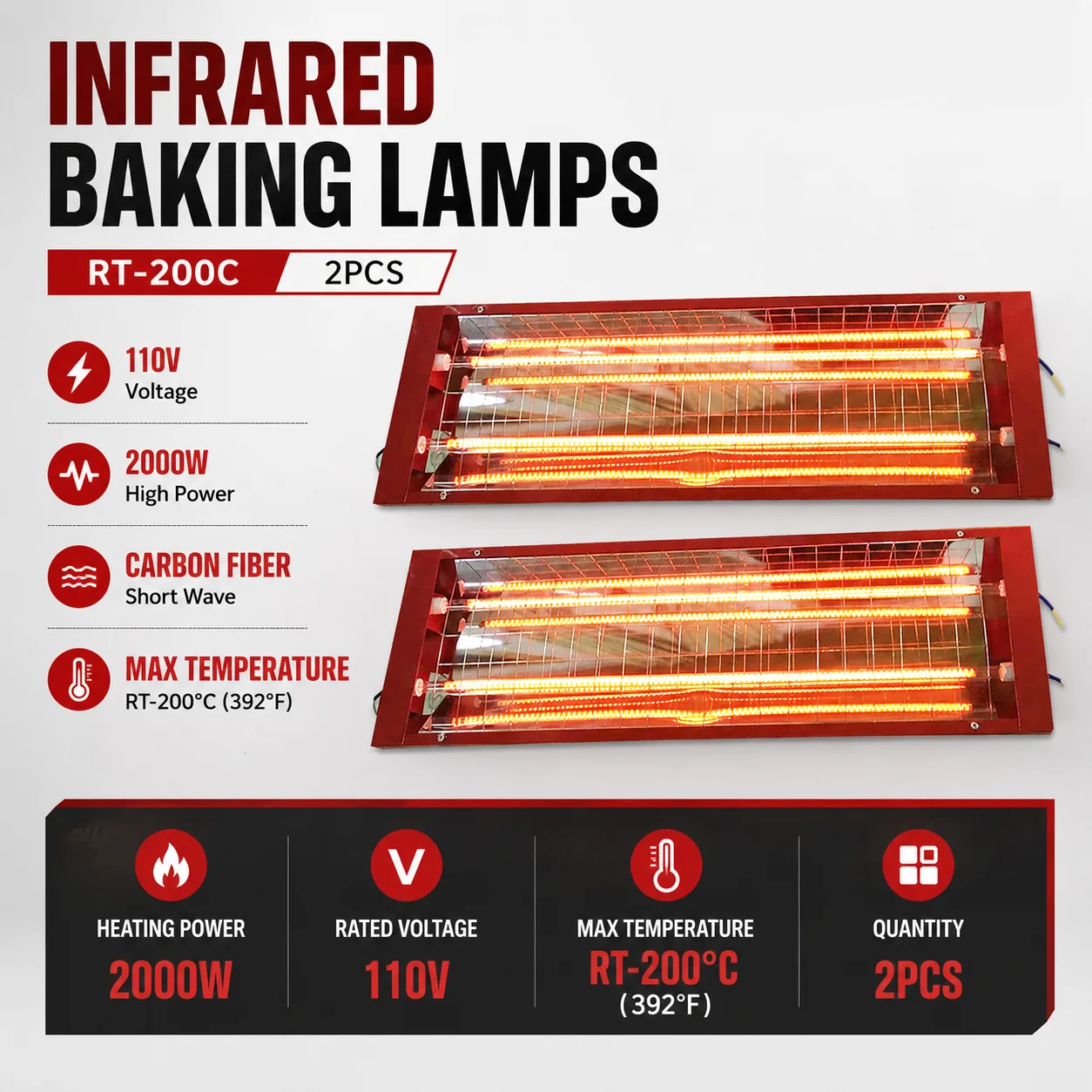 2Pcs 110V 2000W Infrared Paint Baking Lamps Carbon Fiber Short Wave Infrared Curing Lights RT-200C Max Temperature for Car Paint Drying
2Pcs 110V 2000W Infrared Paint Baking Lamps Carbon Fiber Short Wave Infrared Curing Lights RT-200C Max Temperature for Car Paint Drying