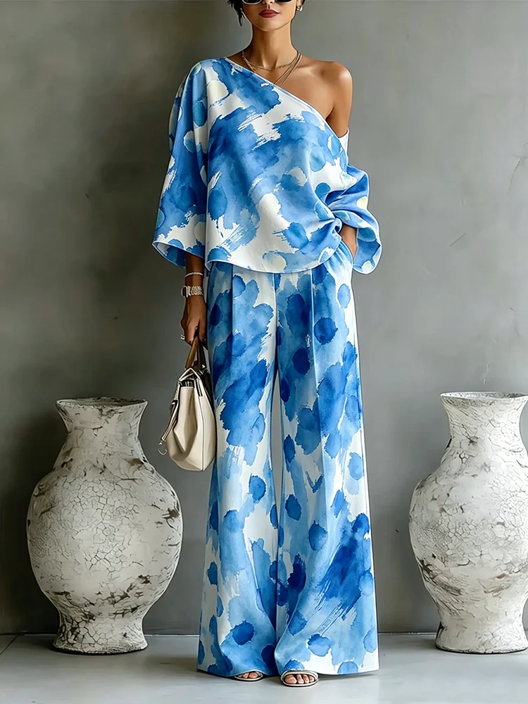 Women's Fashion Print 2-Piece Set One Shoulder Casual Top Loose Fit Wide Leg Pants Set for Everyday OfficeVacation Outfit
Women's Fashion Print 2-Piece Set One Shoulder Casual Top Loose Fit Wide Leg Pants Set for Everyday OfficeVacation Outfit