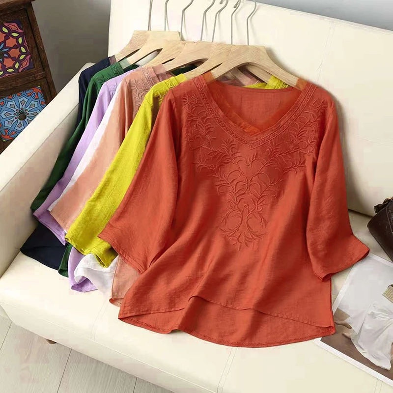 Embroidery Women's T-shirt Loose Pullover Tee O-Neck Thin Shirt Three-quarter Sleeves Cotton Linen Top Summer Retro Blouse
Embroidery Women's T-shirt Loose Pullover Tee O-Neck Thin Shirt Three-quarter Sleeves Cotton Linen Top Summer Retro Blouse