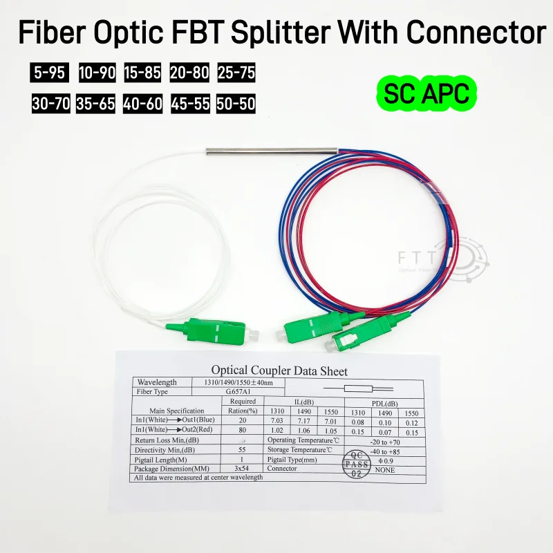 10pcs/lot Fiber Optic FBT Splitter with Connector SC APC 1x2 0.9mm Unbalanced Coupler 10/90 30/70 50/50 Optional Ratio Splitter
10pcs/lot Fiber Optic FBT Splitter with Connector SC APC 1x2 0.9mm Unbalanced Coupler 10/90 30/70 50/50 Optional Ratio Splitter