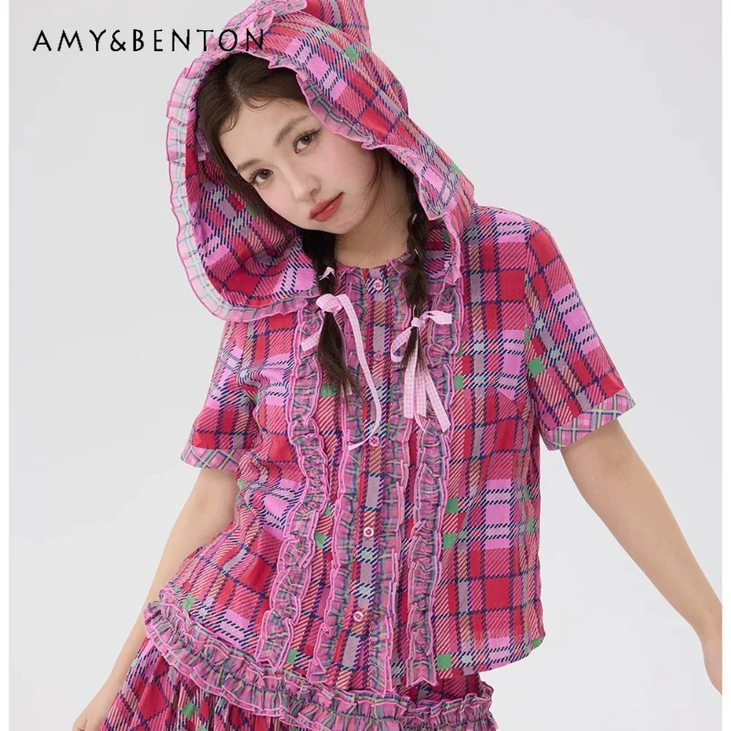 Pink Plaid Animal Splicing Hooded Lace Women's Shirt 2026 Summer New Sweet Cool Cute Childlike Loose Long Skirts Suits Ladies
Pink Plaid Animal Splicing Hooded Lace Women's Shirt 2026 Summer New Sweet Cool Cute Childlike Loose Long Skirts Suits Ladies